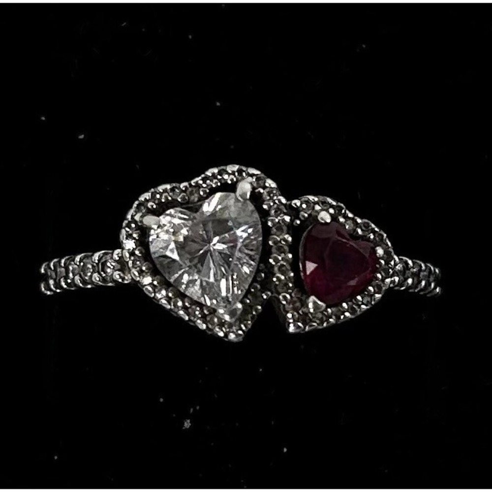 PANDORA Sterling Silver Halo Hearts Clear Heart & Red Heart Ring Size 7